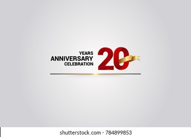 20 Years anniversary using red elegant number isolated on white background, with golden ribbon ca be use as celebration event logo