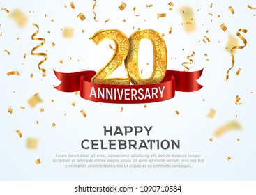 20 years anniversary vector banner template. Twentieth year jubilee with red ribbon and confetti on white background