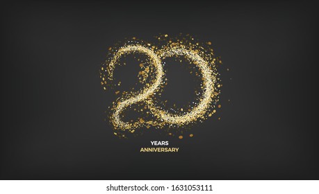 20 years anniversary vector design. Black golden background with gold sparkler light festive decoration, web, gift card or print banner layout template