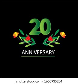 20 Years anniversary. Vector design greeting card with decorative floral for celebration