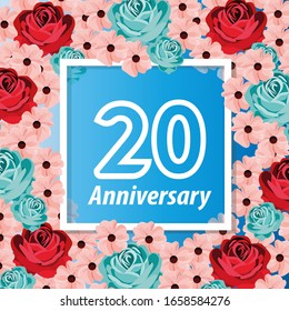 20 Years anniversary. Vector design greeting card with decorative floral for celebration