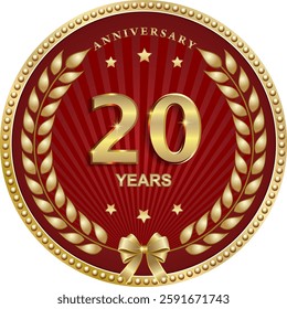 20 years anniversary vector golden design on red  background for celebration, congratulation and greeting card, logo, icon