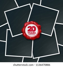 20 years anniversary vector icon, logo. Design element, greeting card with collage of photo frames and red wax stamp for 20th anniversary 