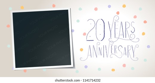 20 years anniversary vector icon, logo. Template design element, greeting card with collage of photo frame and elegant lettering for 20th anniversary 