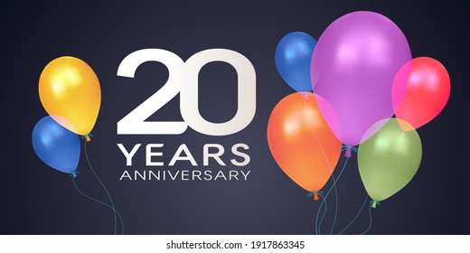 20 years anniversary vector icon, logo, banner. Horizontal design element with air balloons on isolated background for 20th anniversary
