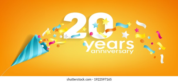 20 years anniversary vector icon, logo, greeting card. Design element with slapstick for 20th anniversary