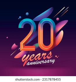 20 years anniversary vector icon, symbol, logo. Graphic background in modern style or card with neon number for 20th anniversary birthday celebration