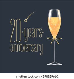 20 years anniversary vector icon,  logo. Graphic design element with golden lettering and glass of champagne for 20th anniversary greeting card or banner