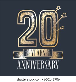 20 years anniversary vector icon,  logo. Graphic design element with ribbon and golden color and grunge texture number for 20th anniversary ceremony