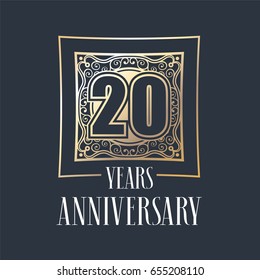 20 years anniversary vector icon,  logo. Graphic design element with  golden frame and number for 20th anniversary decoration