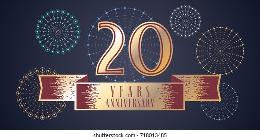 20 years anniversary vector icon,  logo. Graphic design element, illustration with ribbon and golden color number for 20th anniversary celebration