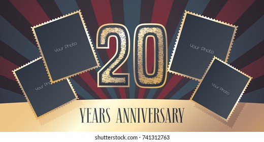 20 years anniversary vector icon, logo. Template design element, greeting card with collage of photo frames and gold color number for 20th anniversary. Can be used as background or banner