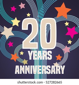 20 years anniversary vector illustration, banner, flyer, icon, symbol, sign, logo. Graphic design element with fireworks for 20th anniversary, birthday card