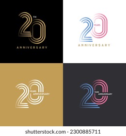 20 years anniversary vector number icon, birthday logo label, black, white and colors stripe number