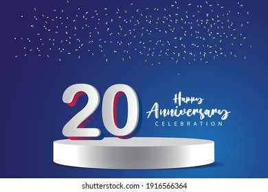 20 Years Anniversary Vector Template Design Illustration. Blue 3d Numbers with podium stage for celebration