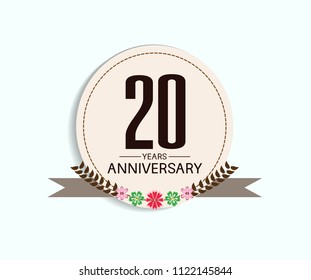 20 years anniversary with vintage style soft brown circle and flower isolated on white background