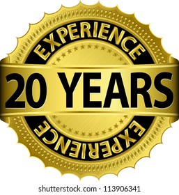 20 years experience golden label with ribbon, vector illustration