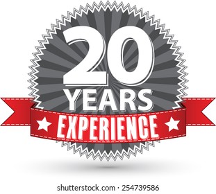 20 years experience retro label with red ribbon, vector illustration