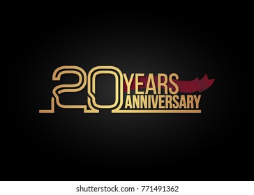 20 Years gold Anniversary celebration logotype using multi linear number with red ribbon isolated on black background.