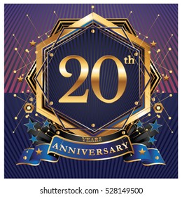 20 years golden anniversary logo celebration with ring and ribbon.