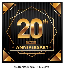 20 years golden anniversary logo celebration with ring and ribbon. Greeting card and cover template.