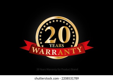 20 Years Golden Warranty Logo With Ring And Red Ribbon Isolated On Black Background, Vector Design For Product Warranty, Guarantee, Service, Corporate, And Your Business.