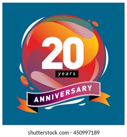 20 years greeting card anniversary with colorful number and frame. logo and icon with circle badge and background