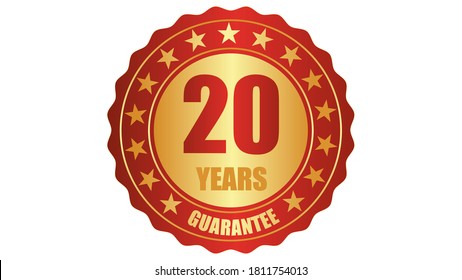 20 years guarantee stamp icon or a guarantee tag, badge, label, original certified concept seal vector illustration, logo isolated on white background and golden red text