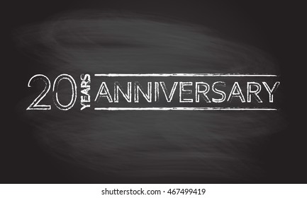 20 years hand drawn emblem, icon or label isolated on blackboard texture with chalk rubbed background. Anniversary design element. Vector illustration.