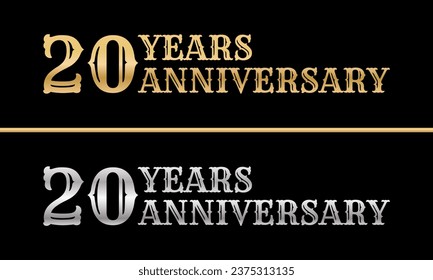 20 years logo. 20th anniversary celebration design. Birthday, invitation, jubilee golden and silver sign or symbol. Vector illustration.