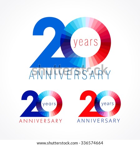 20 years old celebrating logo concept. Illustration of anniversary numbers 20 th. Shining congratulating logotypes set. Stained disk digit. 20% percent off. Isolated abstract graphic design template.