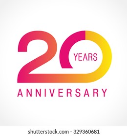 20 years old celebrating logotype. Colored happy anniversary 20 th numbers. Creative greetings. Age symbol. Special prize, % off. Label idea. Isolated abstract graphic design template.