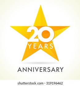 20 years old celebrating star logo. 20 th anniversary vector congrats color numbers. Greetings celebrates of winner. Stained glass colorful stars shape. Mosaic gold colored template, best offer sign.