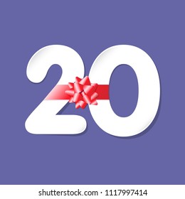 20 years old logotype. Numbers 20th favoured paper, white colour greetings, congratulating celebrating template. Isolated shape with shadow. Abstract digits of - % off, graphic 0 internet emblem.