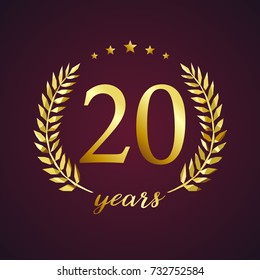 20 years old luxurious logotype. Congratulating 20th, 2nd numbers in circle of palms, cup template. Isolated sign greetings symbol, celebrating traditional stained-glass decorative retro style ear.