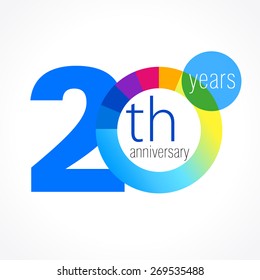 20 years round logo. Anniversary year of 20 th vector chart template medal. Birthday greetings circle celebrates. Celebrating numbers. Colorful digits. Figures of ages, cut sections. Letter O blue.