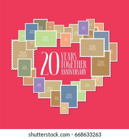 20 years of wedding or marriage vector icon, illustration. Template design element with photo frames and heart shape for celebration of 20th wedding anniversary
