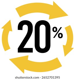20% con flechas amarillas sobre un fondo blanco