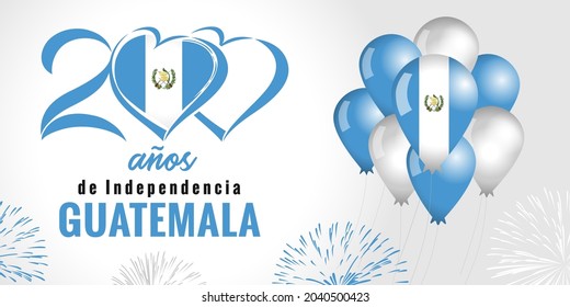 200 anos de Independencia Guatemala, spanish text - 200 years anniversary Independence Day from Spain. Celebration background with fireworks, flag in balloons and lettering. Vector illustration