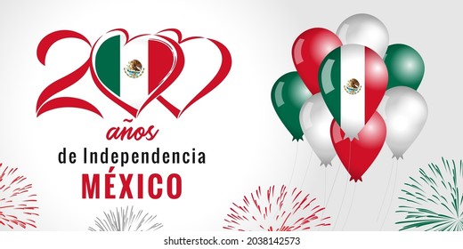 200 anos de Independencia Mexico, heart emblem, balloons and fireworks. Spanish text - 200 years of Independence MEXICO. The Mexican War of Independence from Spain, 1810 - 1821