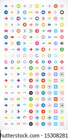 200 arrow sign icon set (color on white). Simple pictogram flat, solid, plain style. Green, red, yellow, blue, orange, brown, pink colors. Vector illustration web internet design elements in 8 eps