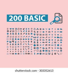200 basic, internet, media, technology, communication icons, signs, illustrations set, vector