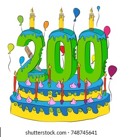 200 Birthday Cake With Number Two Hundred Candle, Celebrating Two Hundredth Year of Life, Colorful Balloons and Chocolate Frosting