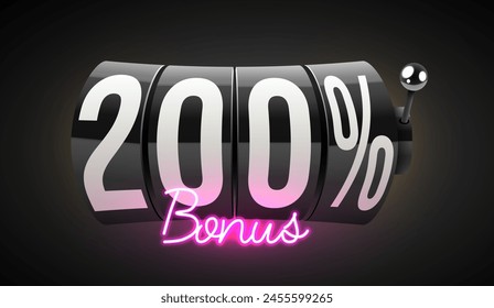 200% bonus. Black slot machine wins the jackpot. 777. Big win concept. Casino jackpot. Vector illustration