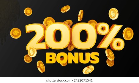 200% bonus. Falling golden coins. Cashback or prize concept. Vector illustration