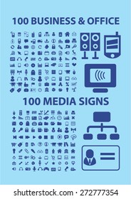 200 business, computer, office, media, connection icons, signs, illustrations set, vector