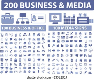 200 business & media icons, signs, vector illustrations