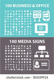 200 business, media, office flat isolated icons, signs, illustrations set, vector