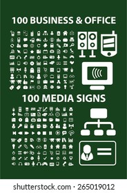 200 business, office, media, computer icons, signs, illustrations set, vector