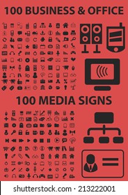 200 business, office, media, electronics isolated icons, signs, symbols, illustrations, silhouettes, vectors set